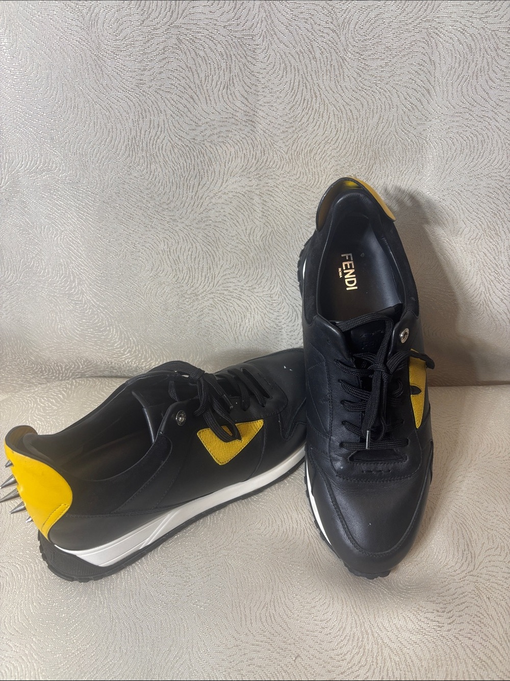 FENDI original Black & Yellow Unisex Leather Spike-Back Sneakers 0391